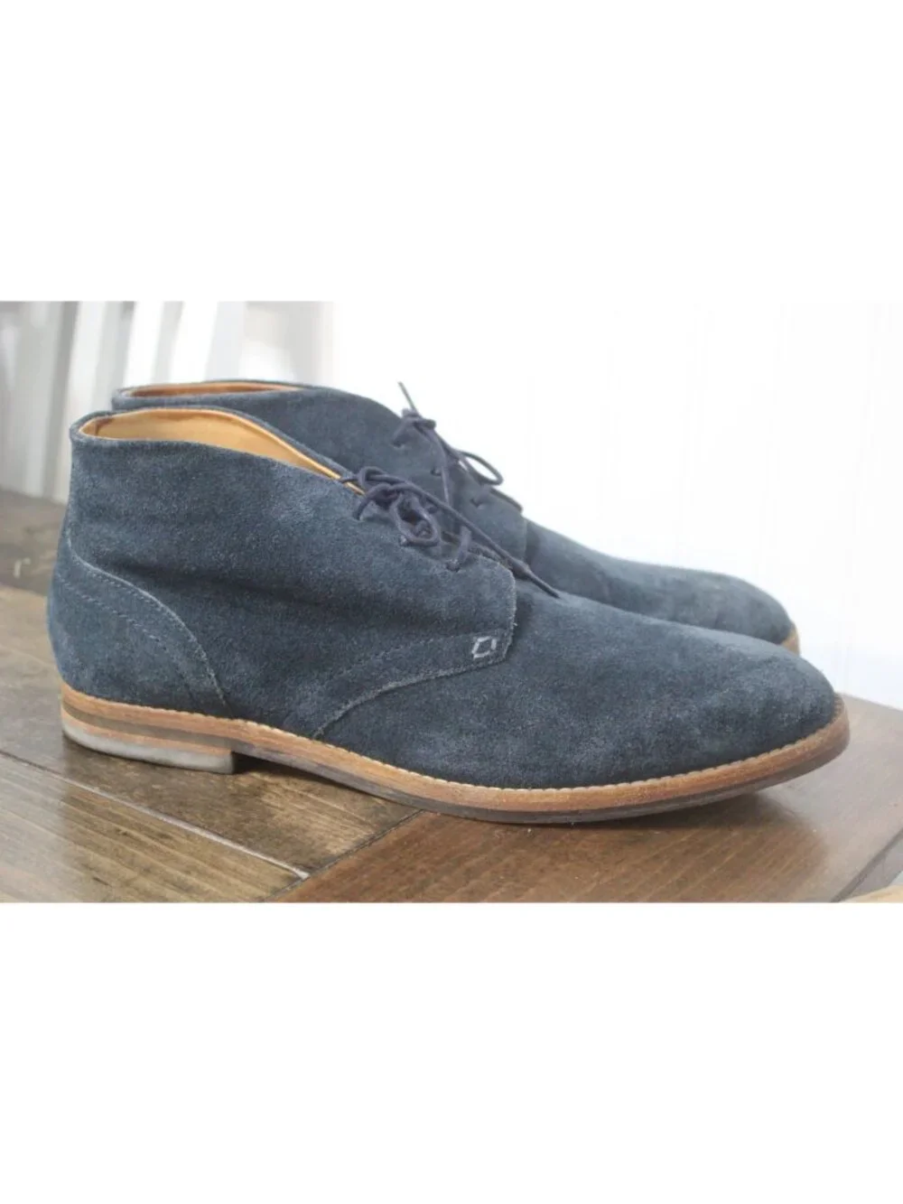 Hudson Houghton Mens 11 Blue Suede Lace-Up Chukka Boots Wooden Soles EUC
